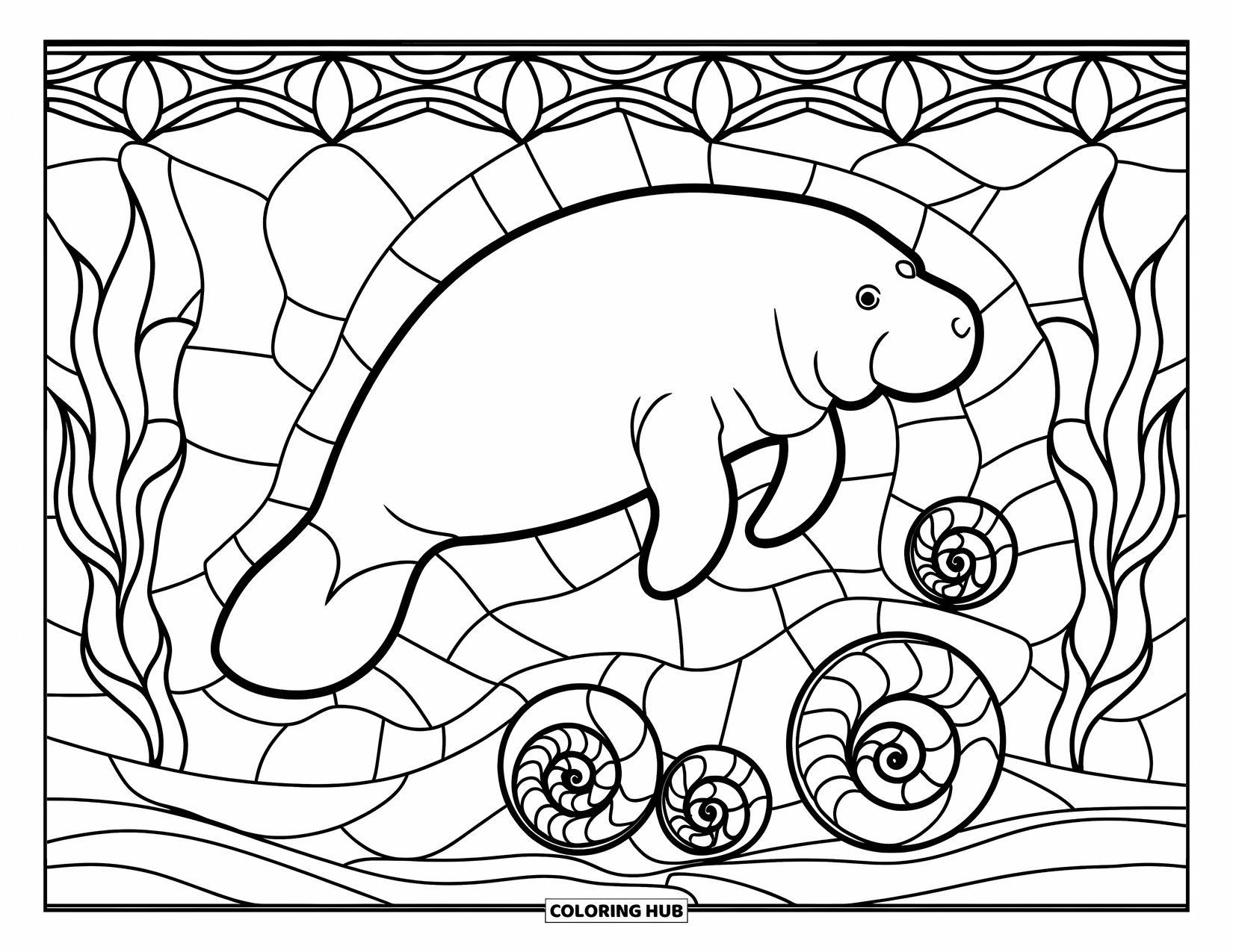 Manatee Coloring Page for Adults: Manatee floats above spiral shells in a detailed seaweed frame
