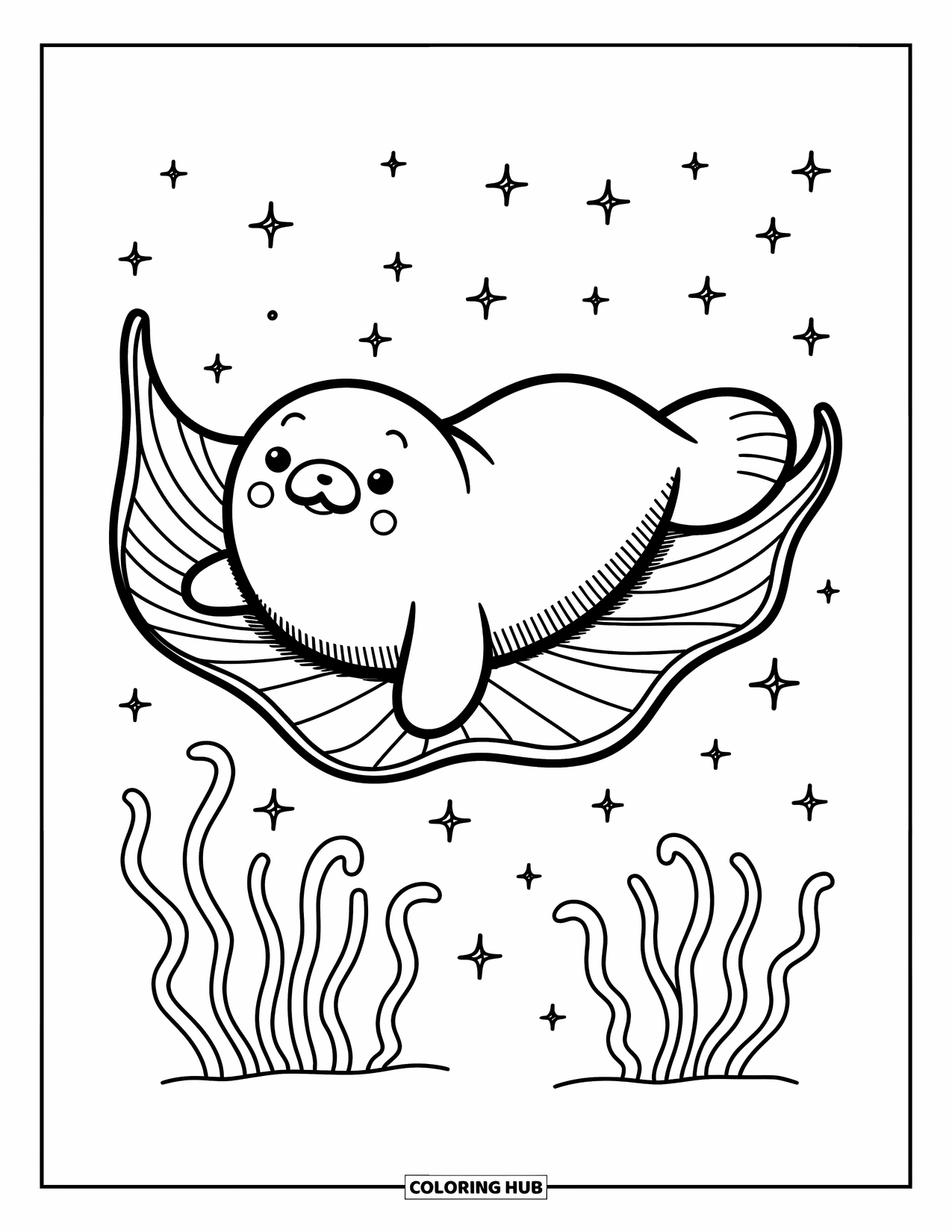 Manatee Coloring Page for Adults: Manatee floats belly-up on a sea leaf with sparkles around
