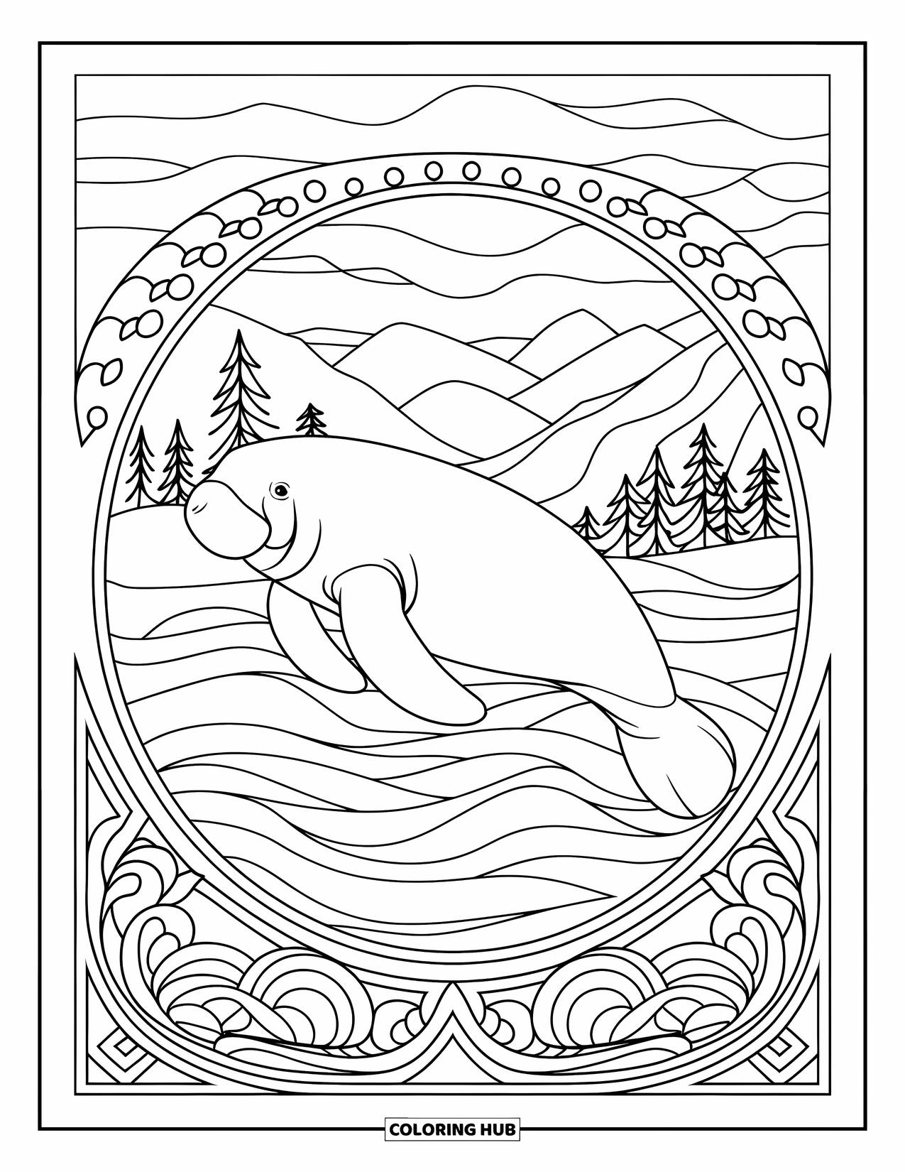 Manatee Coloring Page for Adults: Manatee glides through a stained glass wave above a calm nature scene
