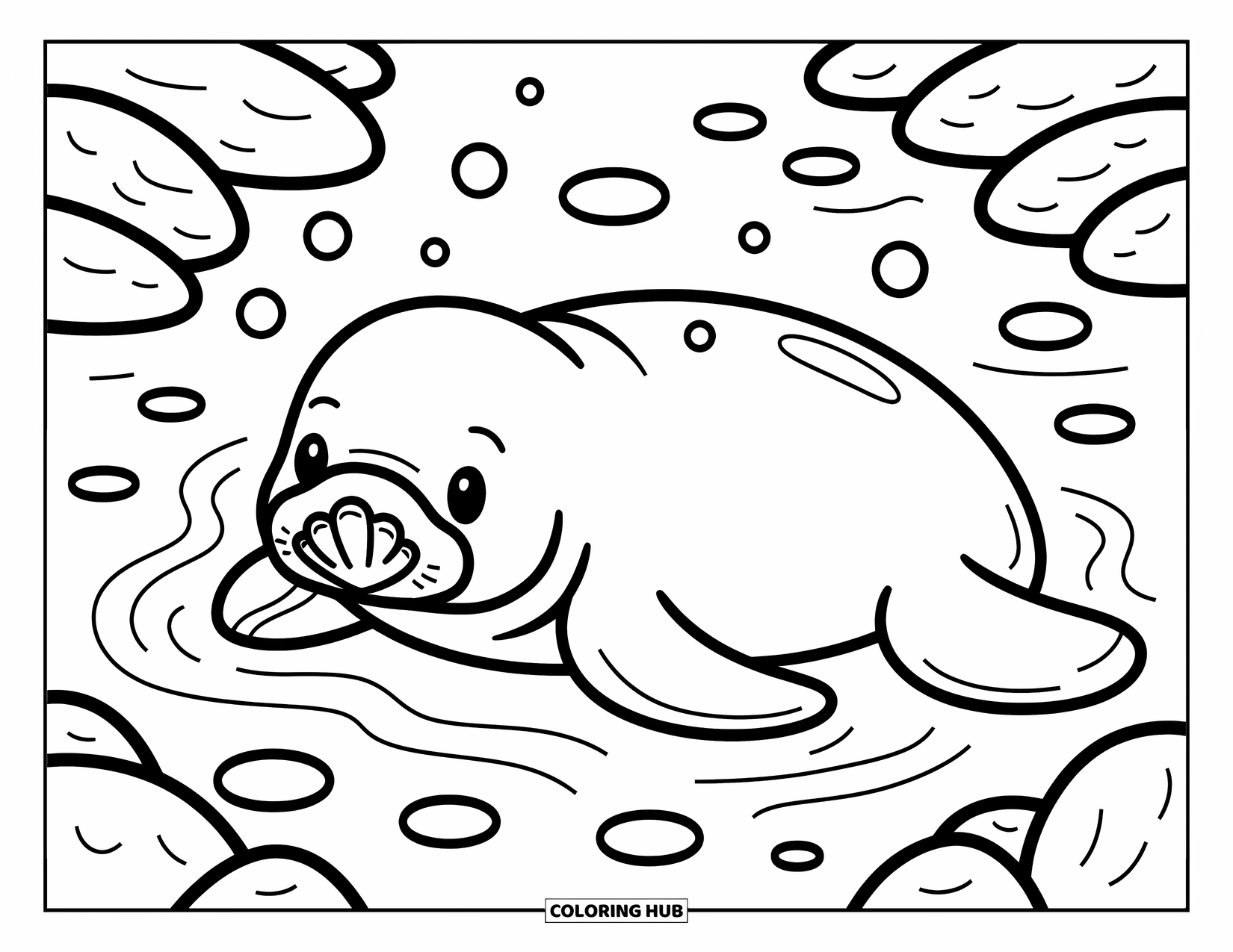 Manatee Coloring Page for Adults: Manatee lounges in a tidepool with a shell on its nose