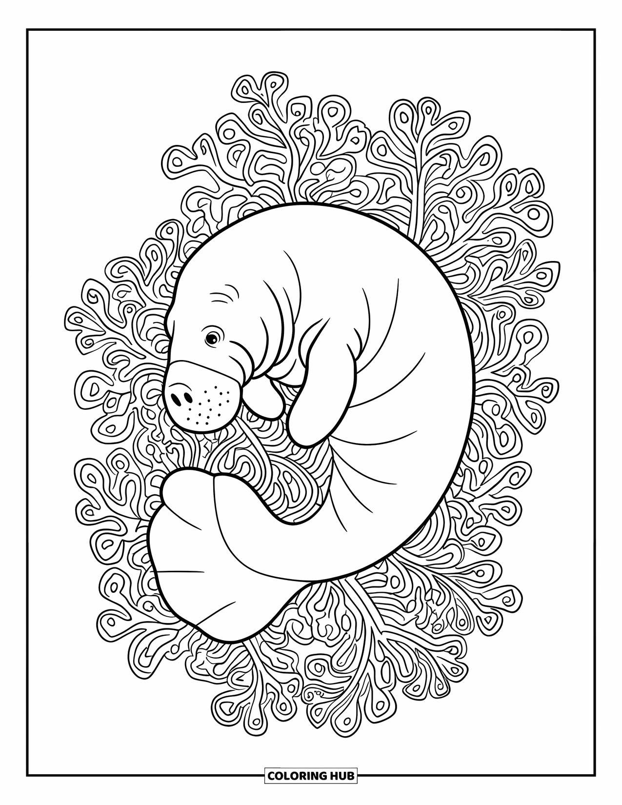 Manatee Coloring Page for Adults: Manatee relaxes in a coral bed filled with swirls and patterns
