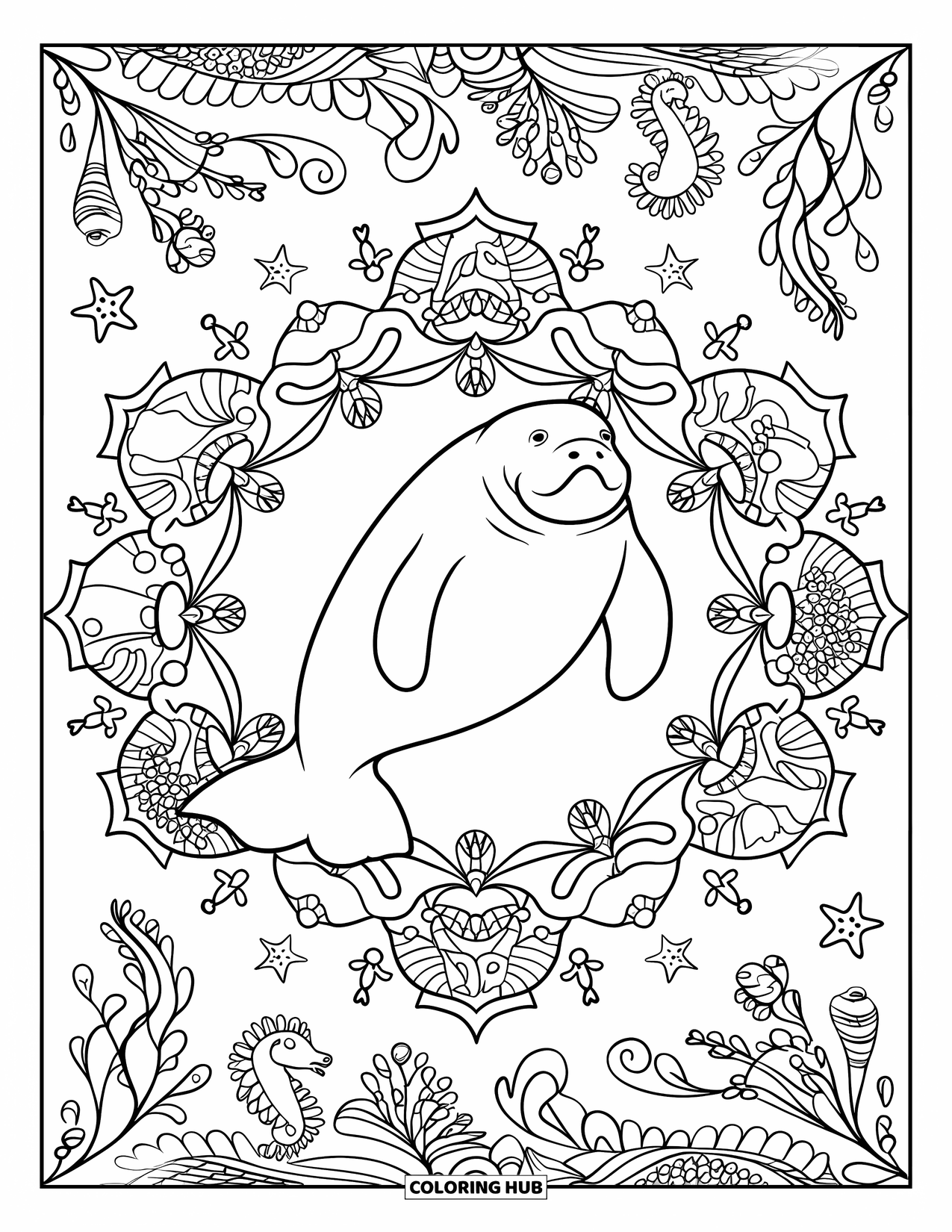 Manatee Coloring Page for Adults: Manatee sits peacefully in a floral mandala of coral and starfish