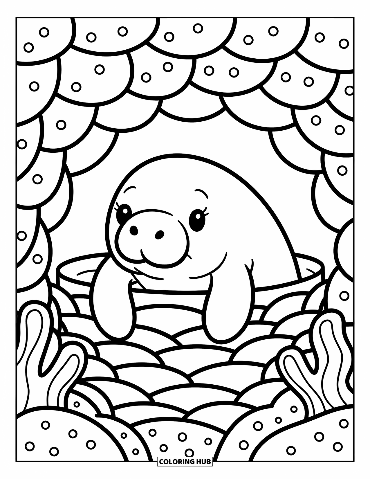 Manatee Coloring Page for Adults: Manatee smiles from a shell cave with sand dots and coral fronds