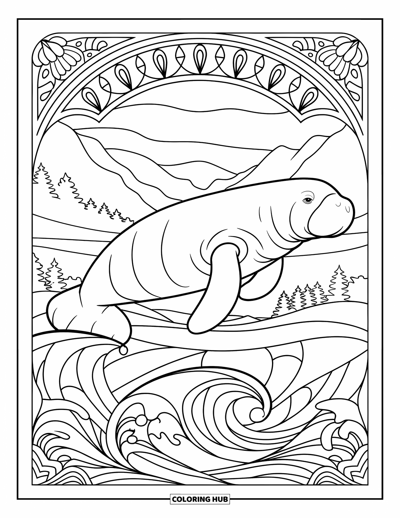 Manatee Coloring Page for Adults: Manatee swims peacefully through a stained glass wave frame