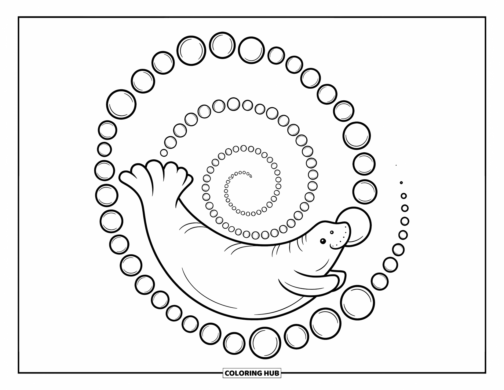 Manatee Coloring Page for Adults: Manatee twirls in a soft spiral with bubbles trailing behind