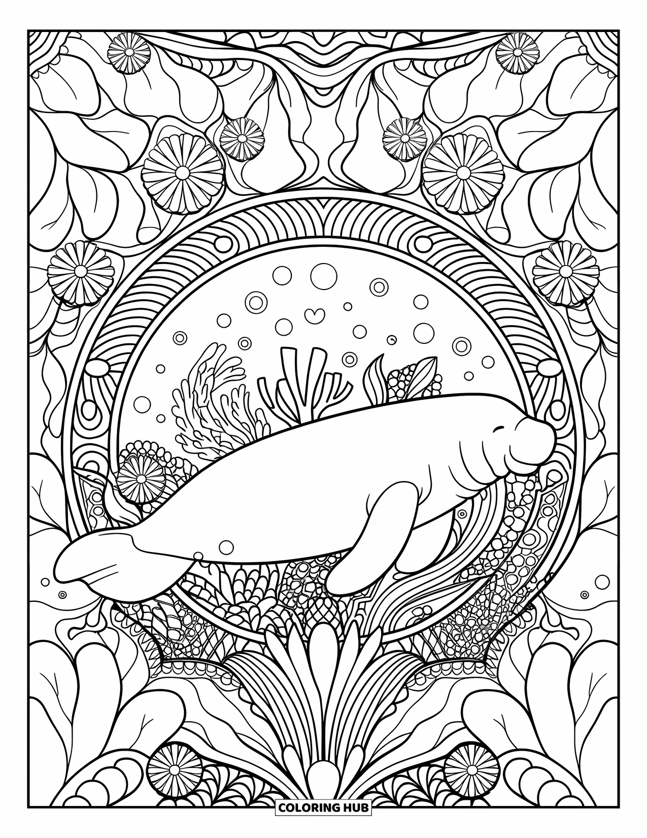 Manatee Coloring Page for Adults: Peaceful manatee surrounded by coral and plants in a full mandala