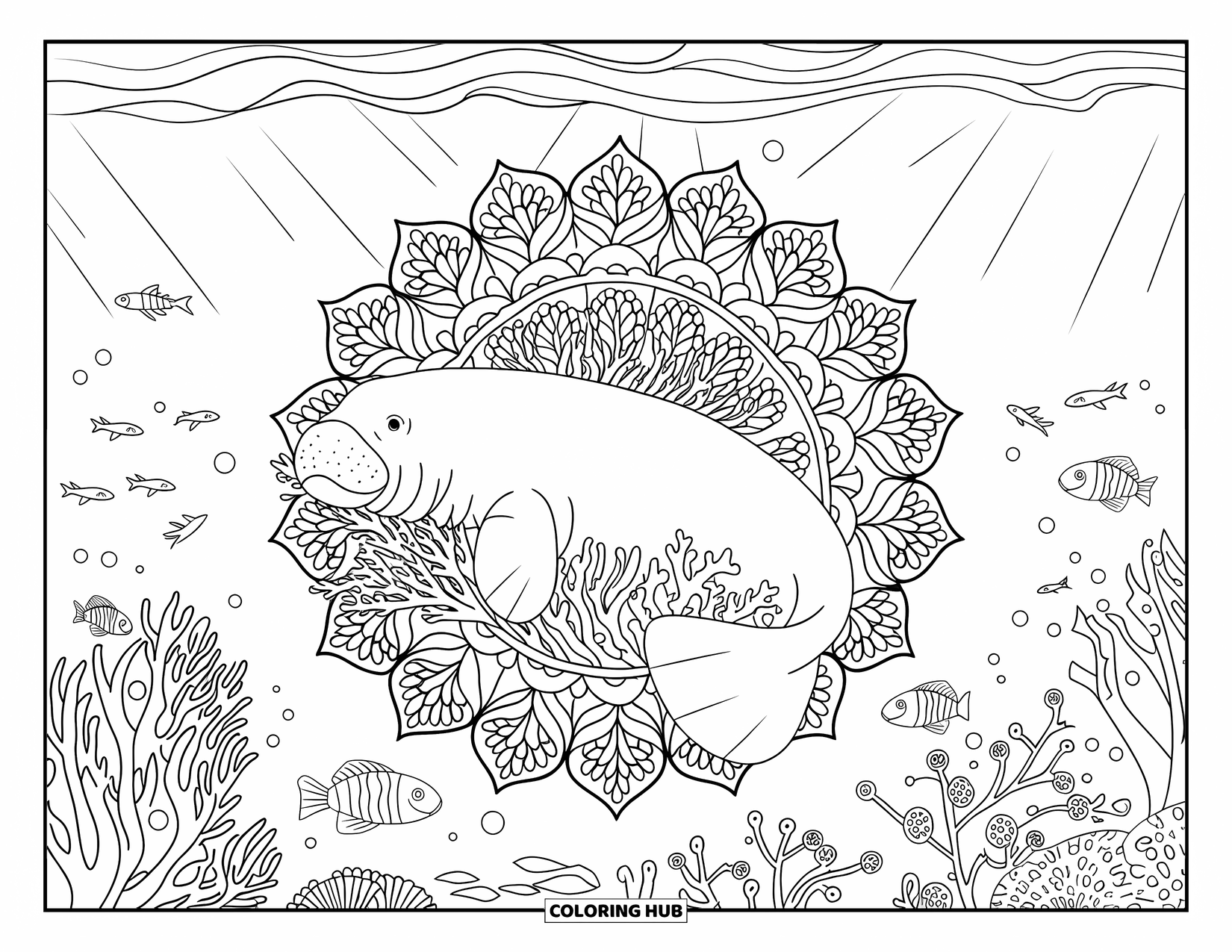 Manatee Coloring Page for Adults: Peaceful manatee surrounded by sea life in a floral reef mandala
