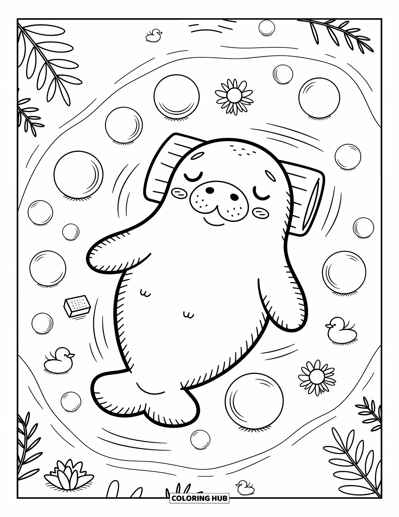 Manatee Coloring Page for Adults: Relaxed manatee floats on its back with rubber duckies and bubbles