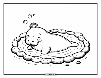 Yetişkinler için Deniz İneği Boyama Sayfası: Rahat deniz ineği üzerinde baloncuklar olan bir gelgit havuzunda dinleniyor