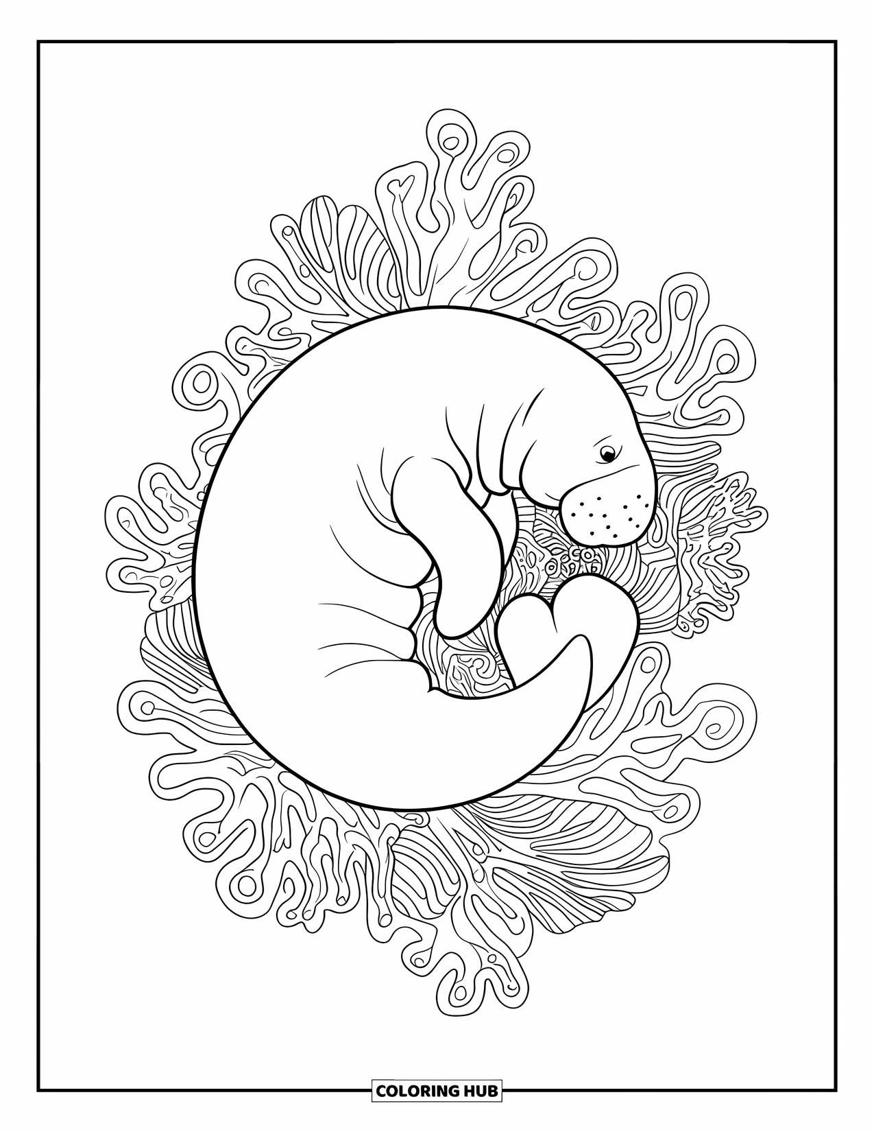 Manatee Coloring Page for Adults: Resting manatee nestled in swirling coral with a blank background