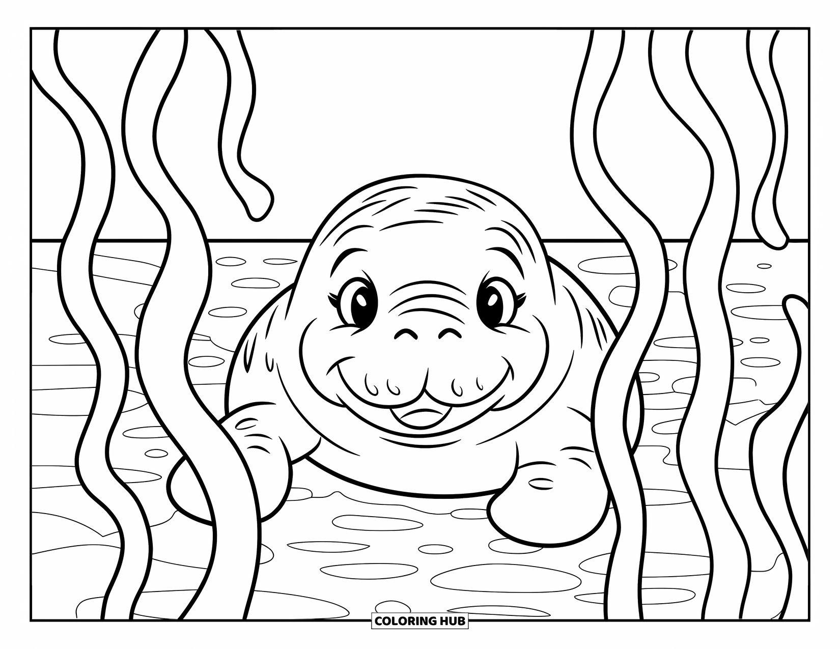 Manatee Coloring Page for Kids: Cozy manatee peeks out happily from behind seaweed