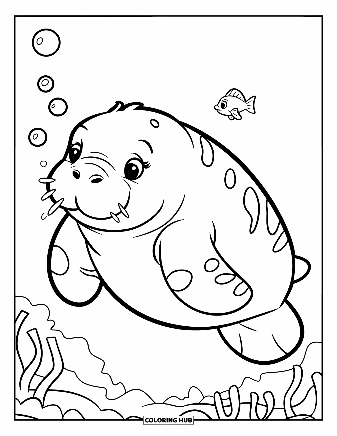 Manatee Coloring Page for Kids: Cute manatee blows bubbles with a tiny fish nearby