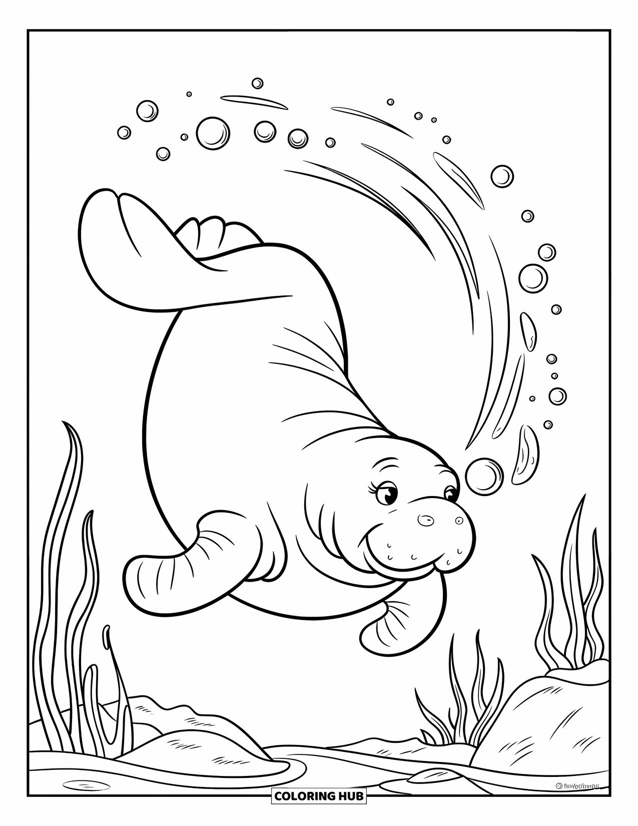 Manatee Coloring Page for Kids: Flipping manatee surrounded by bubbles, rocks, and seaweed