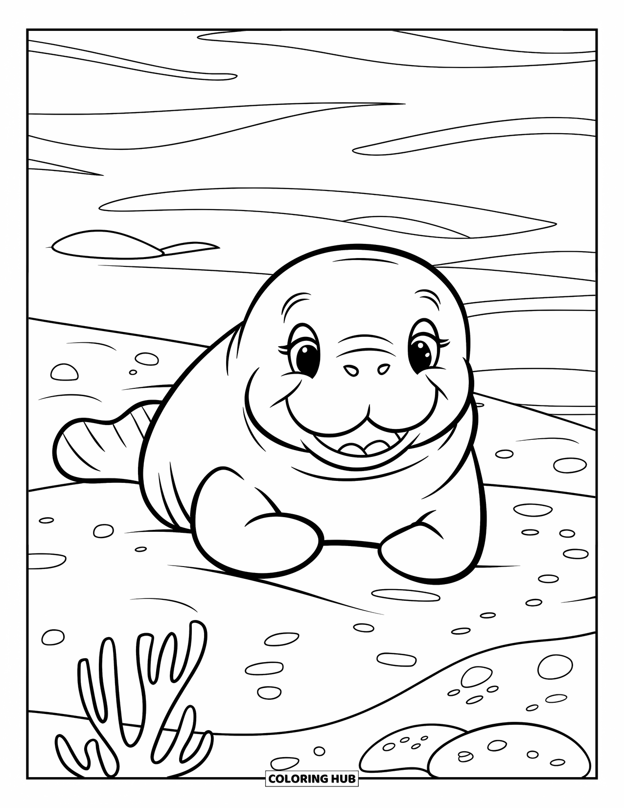 Manatee Coloring Page for Kids: Friendly manatee relaxes on sandy ocean floor with rocks and coral