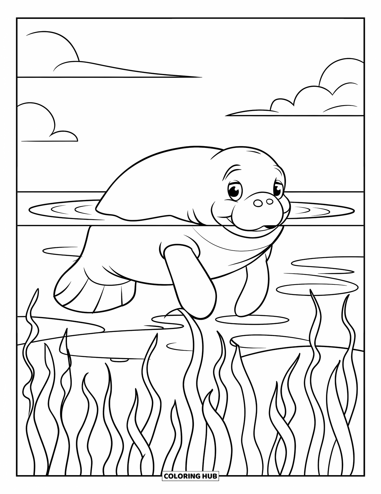 Manatee Coloring Page for Kids: Friendly manatee swims through waves and bubbly sea grass