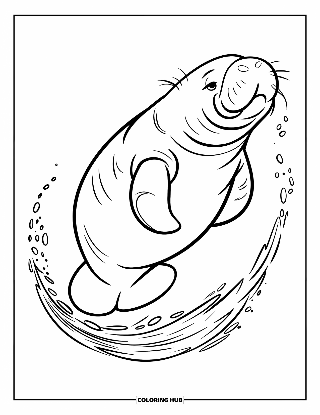 Manatee Coloring Page for Kids: Manatee does a slow flip with bubbles trailing behind