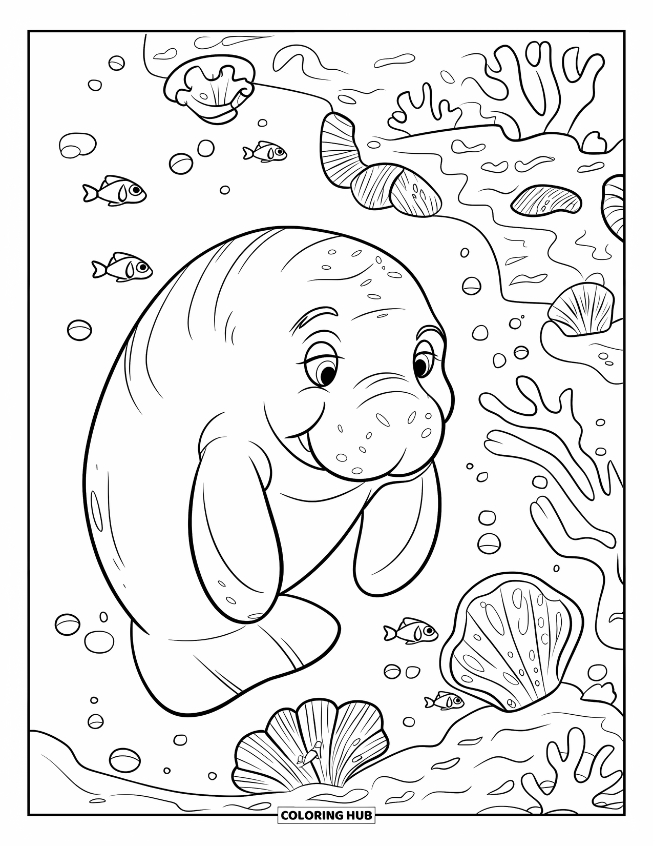 Manatee Coloring Page for Kids: Manatee explores coral reef with smiling fish and soft seaweed