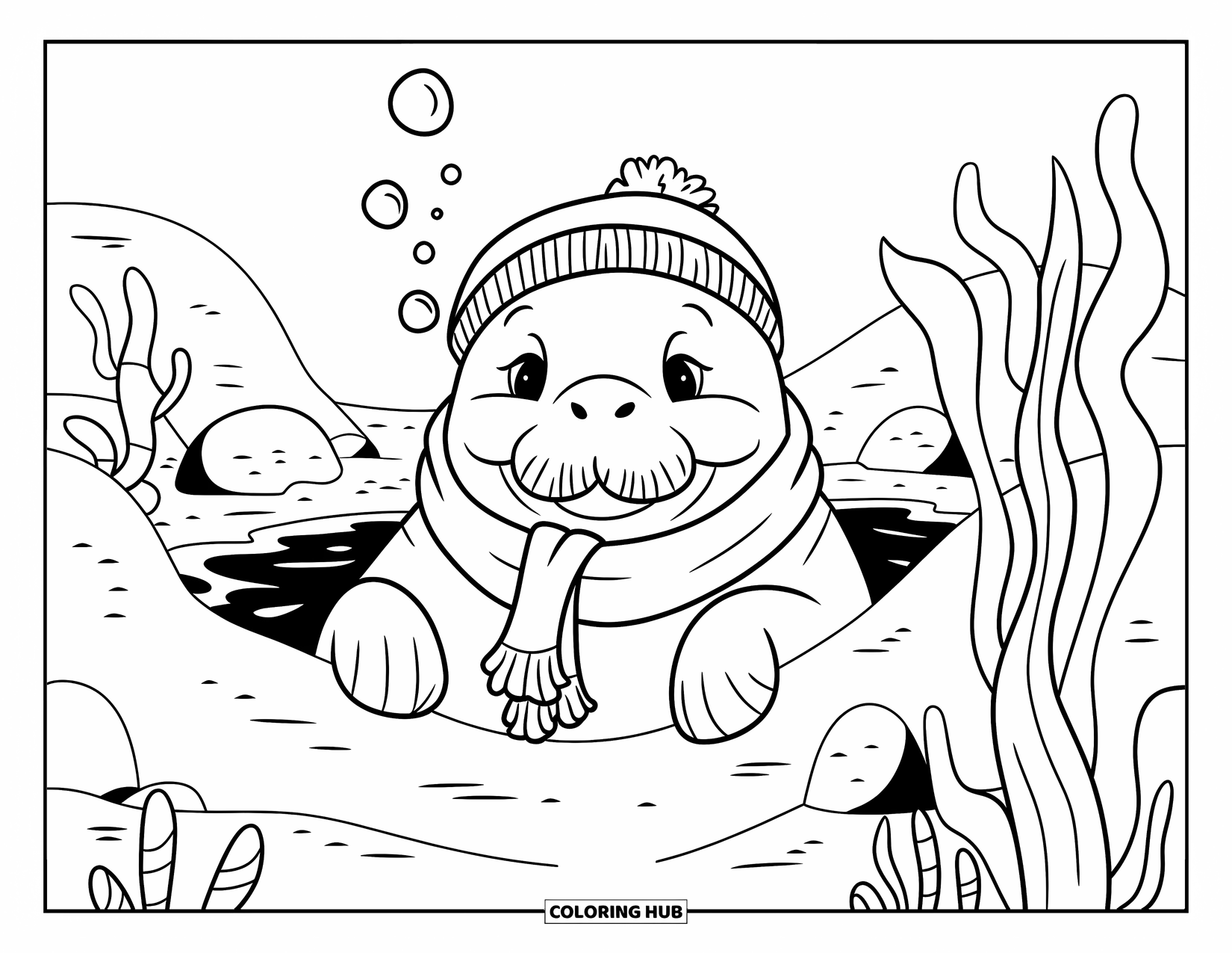 Manatee Coloring Page for Kids: Manatee in a scarf peeks from seaweed with bubbles rising