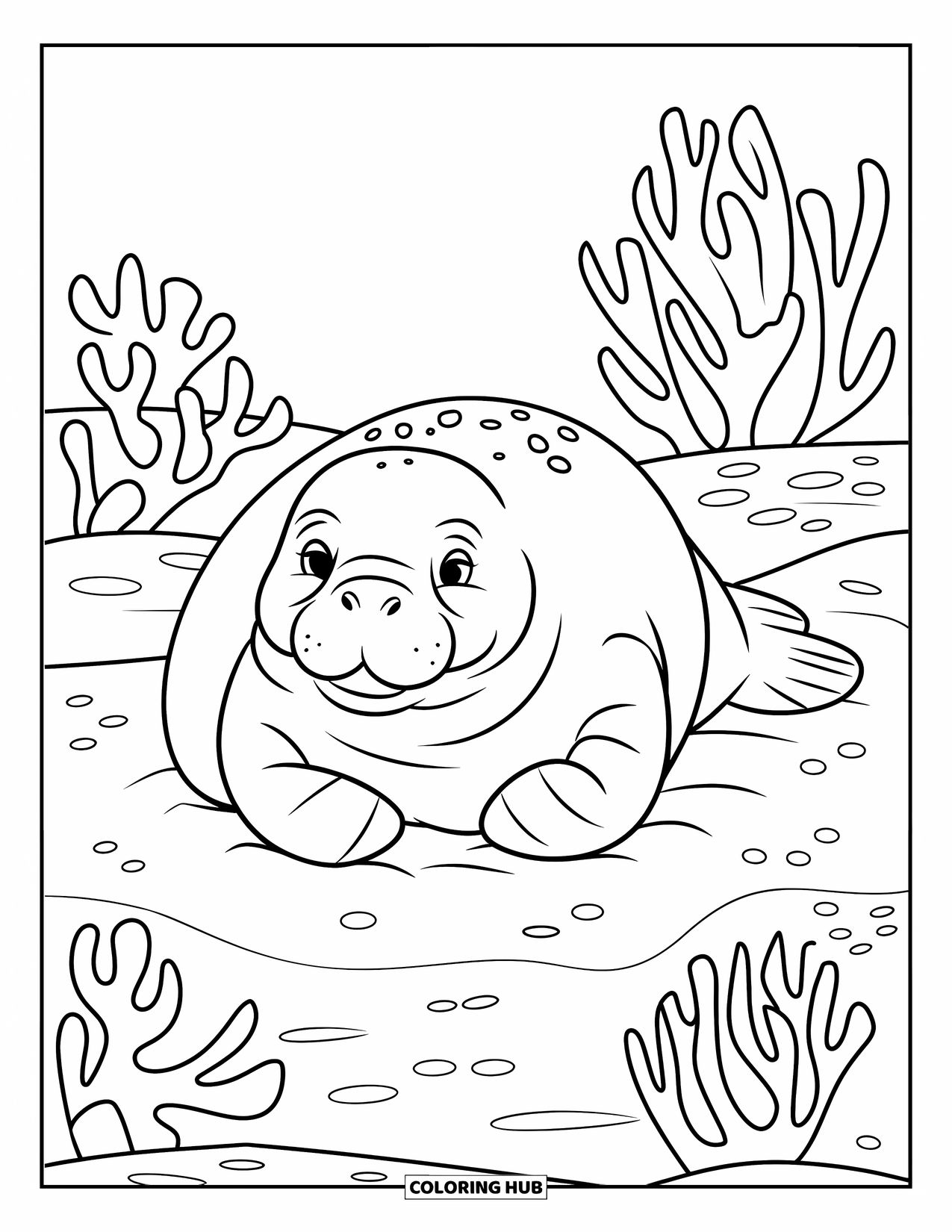 Manatee Coloring Page for Kids: Manatee lies on soft sand beside simple coral