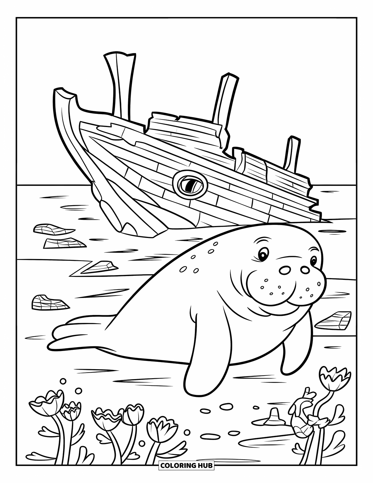Manatee Coloring Page for Kids: Manatee relaxes near a shipwreck covered in sea flowers