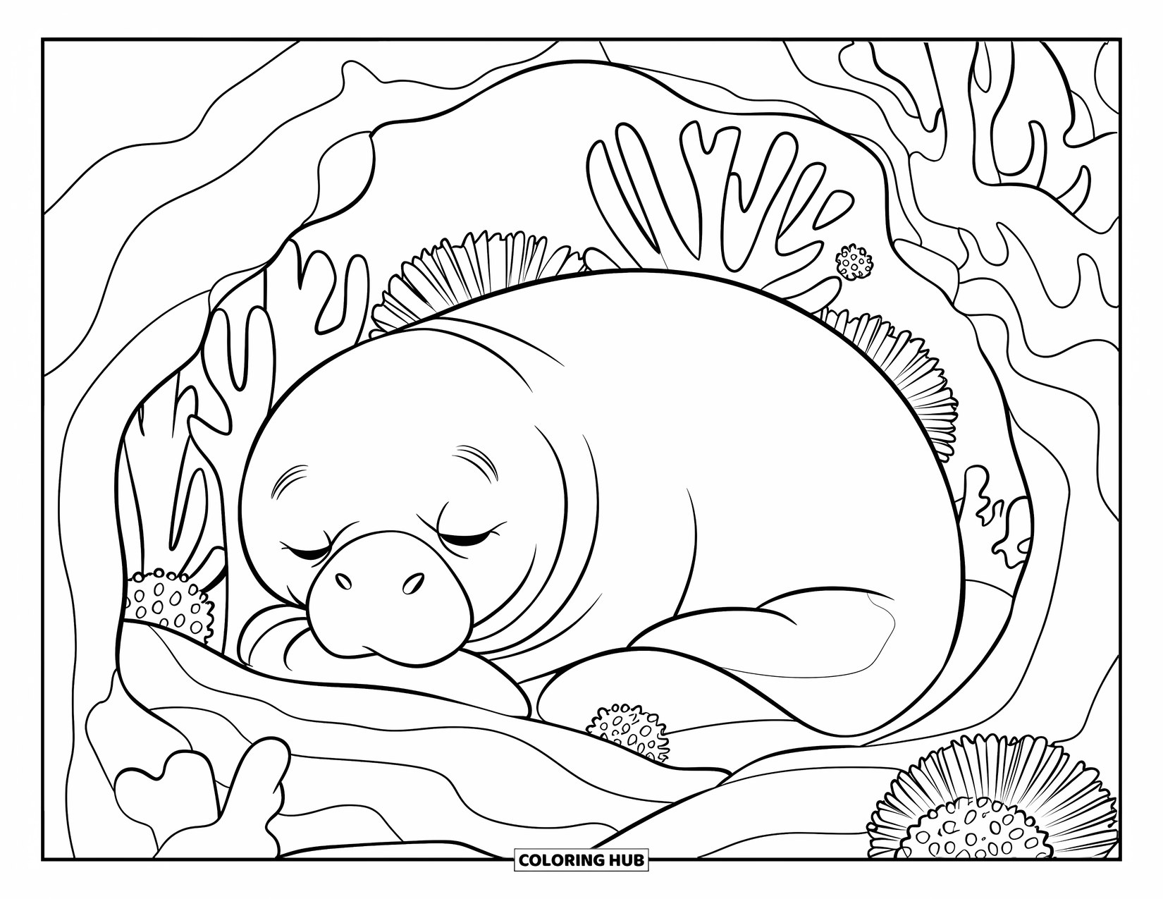Manatee Coloring Page for Kids: Manatee rests peacefully among coral and sea urchins