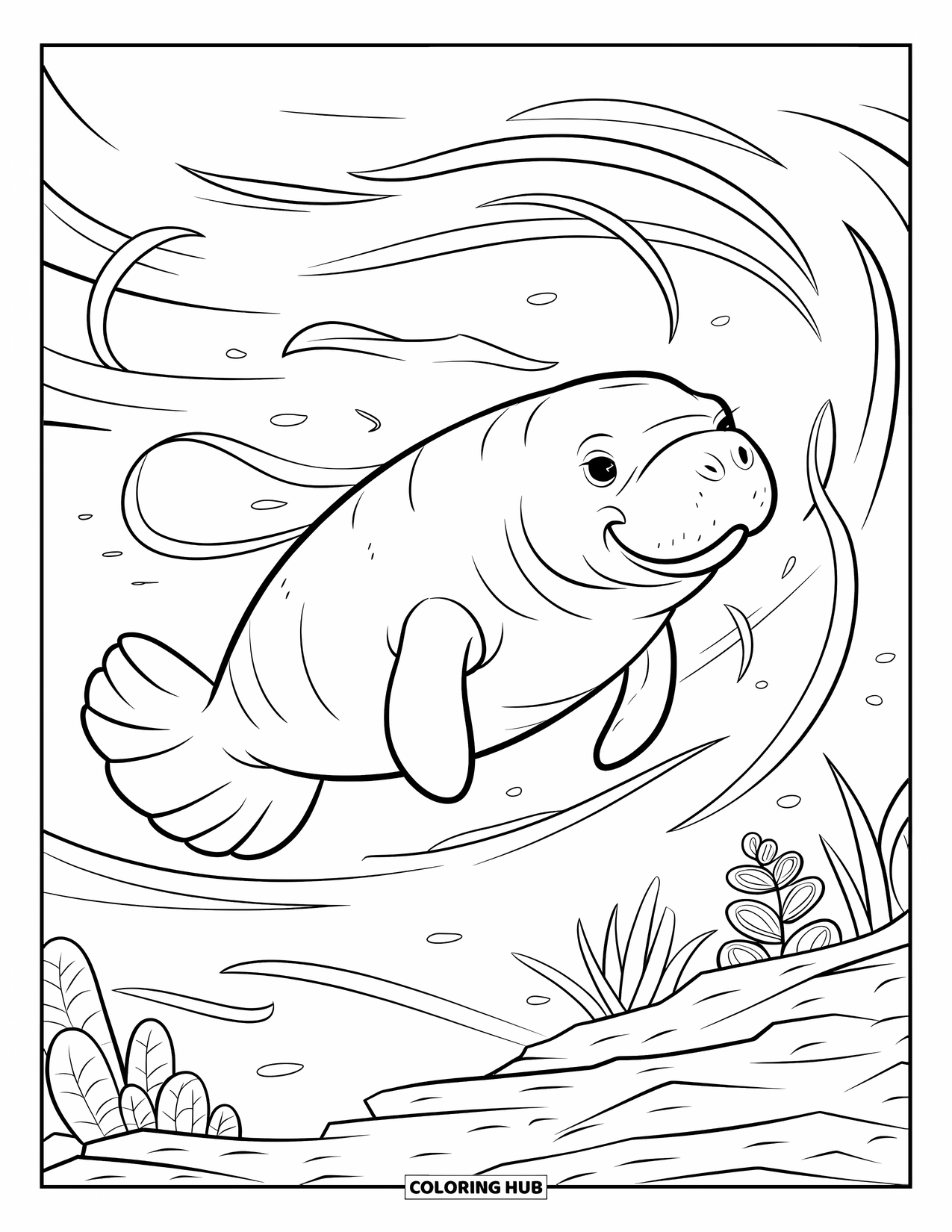 Manatee Coloring Page for Kids: Manatee swims through swirling currents with seaweed ribbons