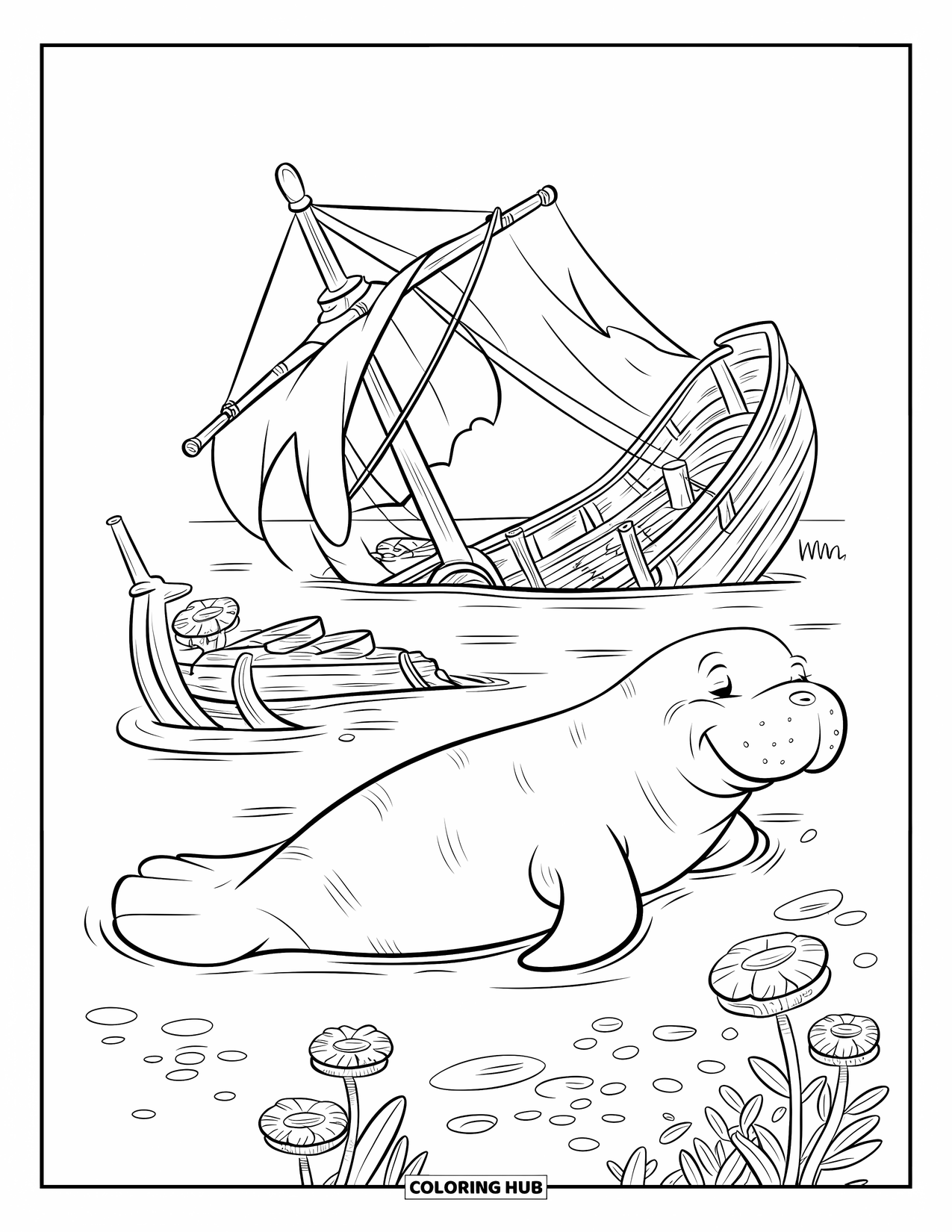 Manatee Coloring Page for Kids: Serene manatee floats near a shipwreck and blooming sea flowers