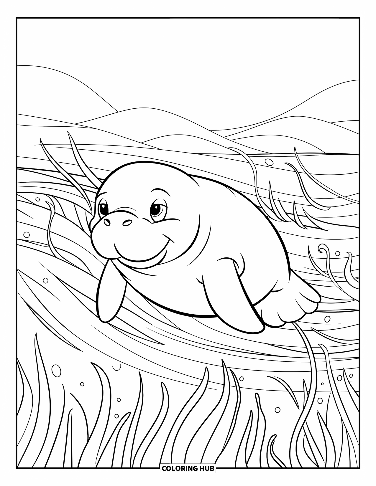 Manatee Coloring Page for Kids: Smiling manatee floats through soft waves and sea grass