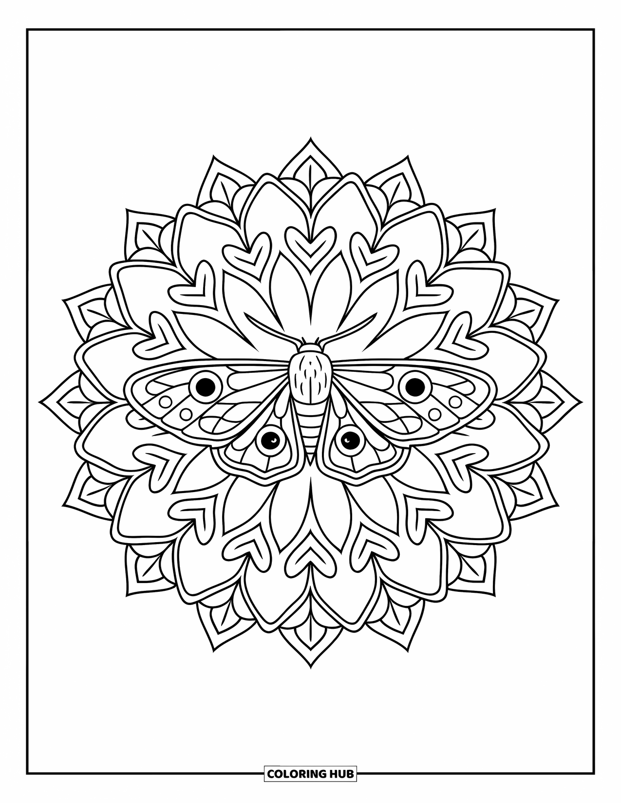 Moth Coloring Page for Adults: A centered moth lies within a leafy mandala of clean, bold symmetrical lines