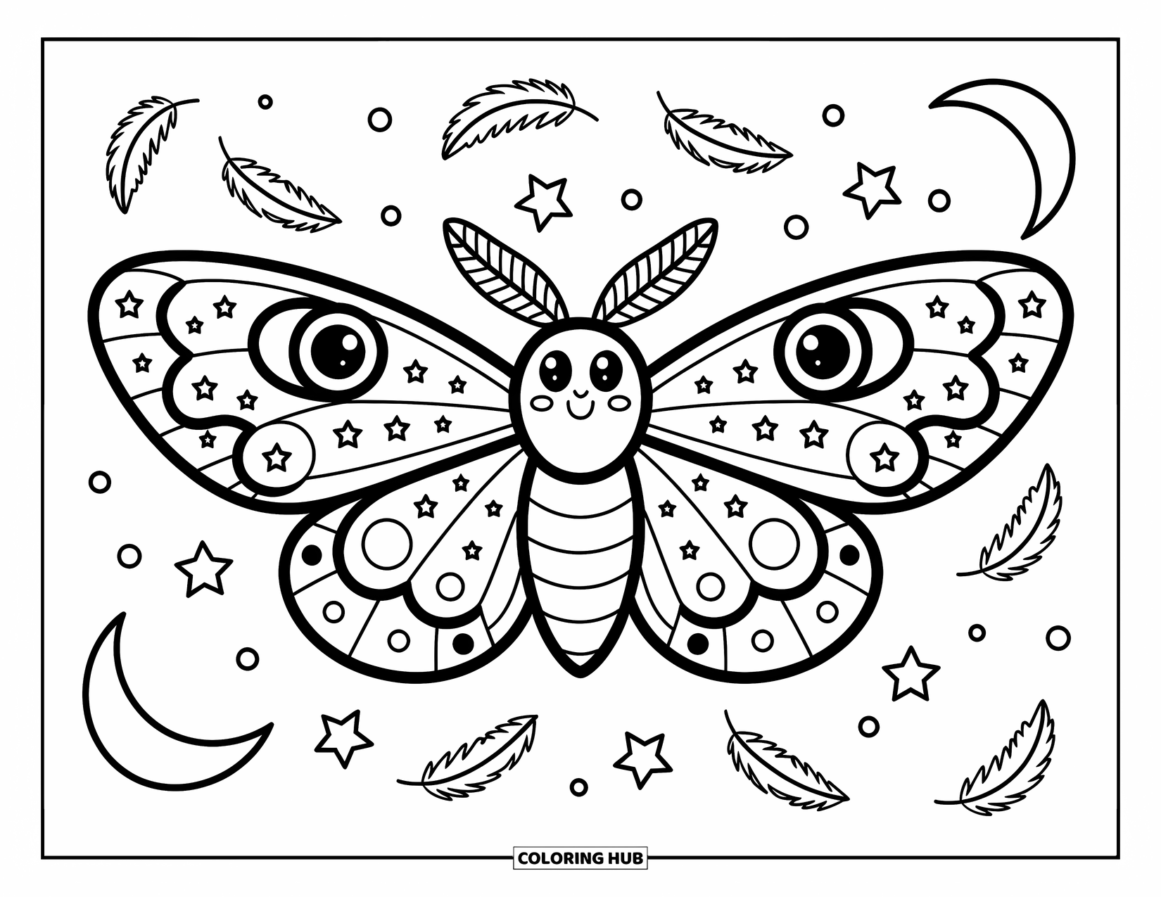 Moth Coloring Page for Adults: A constellation-winged moth floats in space with moons, stars, and playful feathers