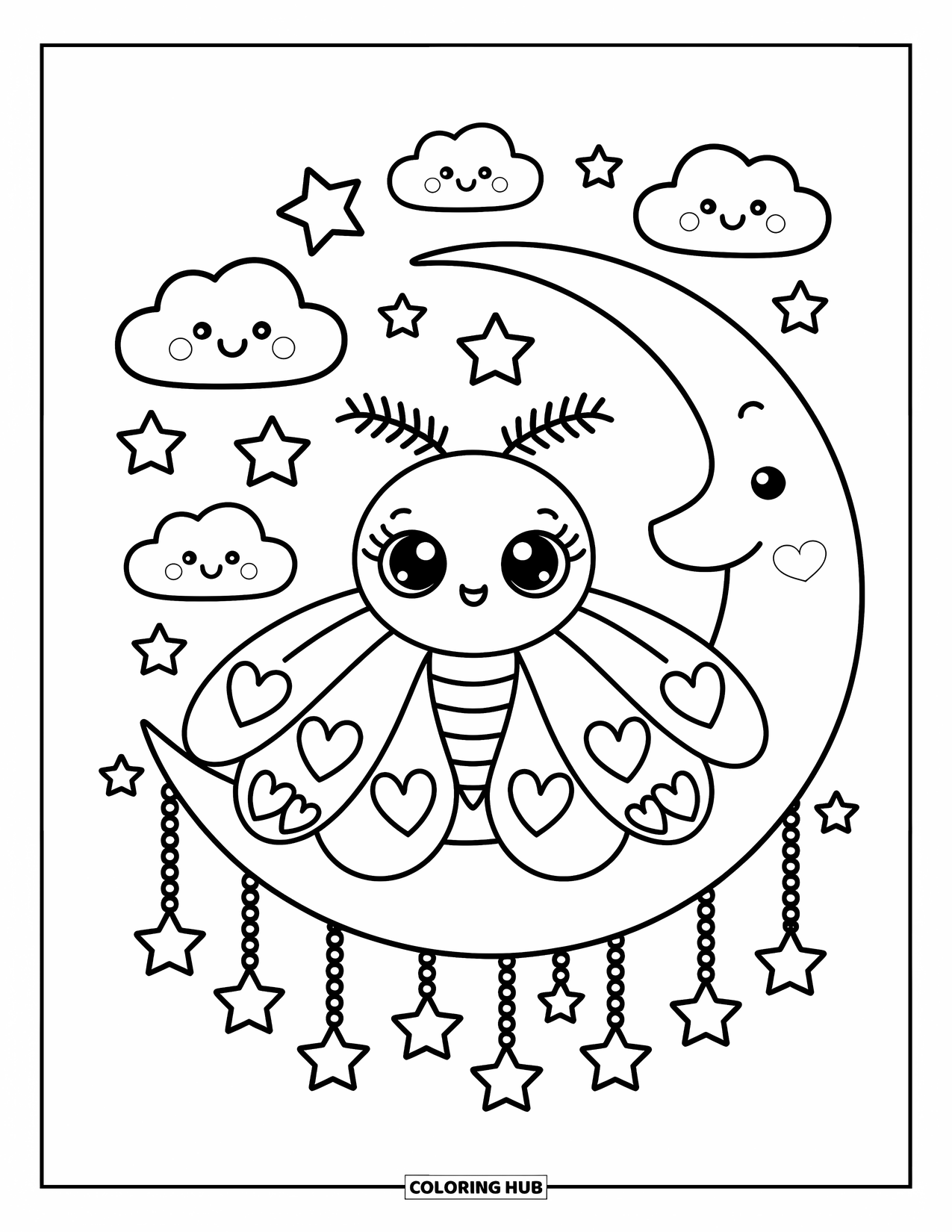 Moth Coloring Page for Adults: A cute moth with heart wings floats near a moon and dangling star charms