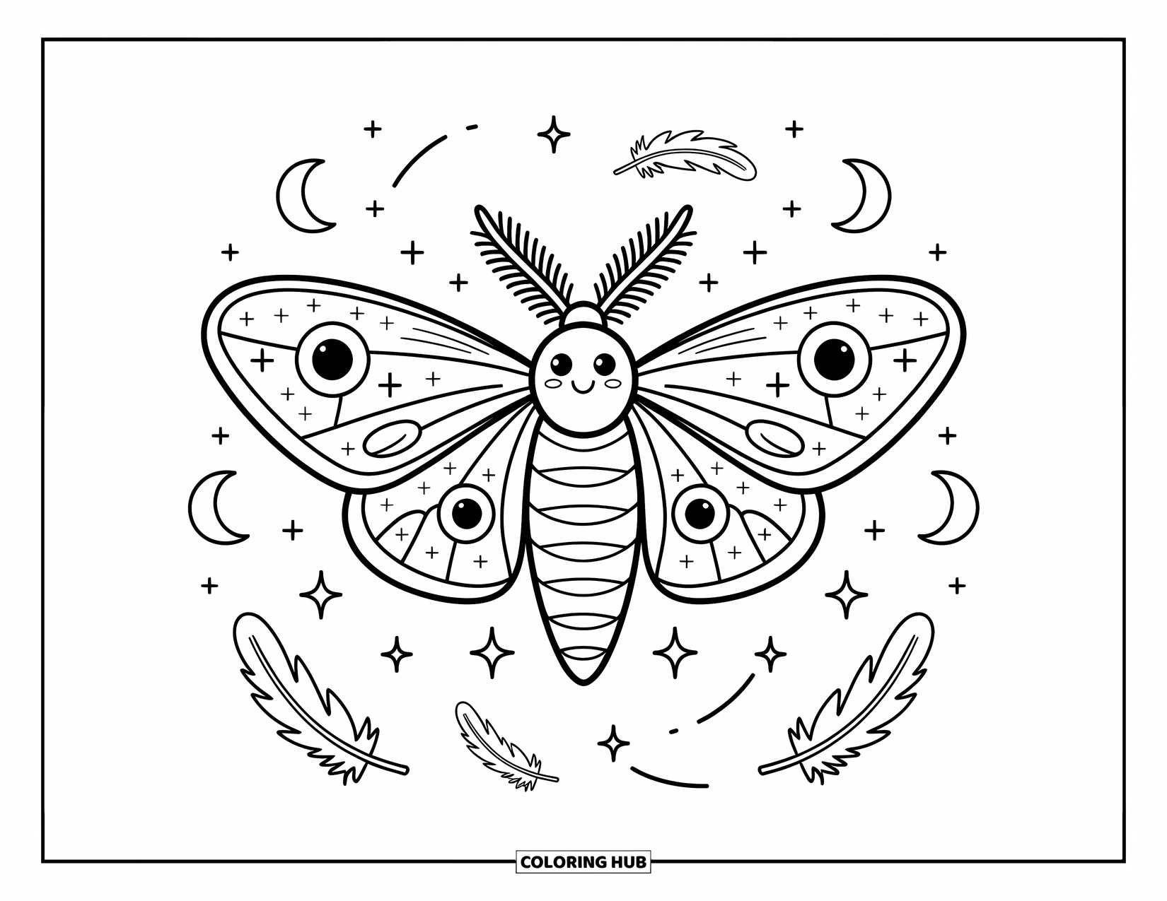 Moth Coloring Page for Adults: A cute space moth drifts among stars, moons, and soft floating feathers