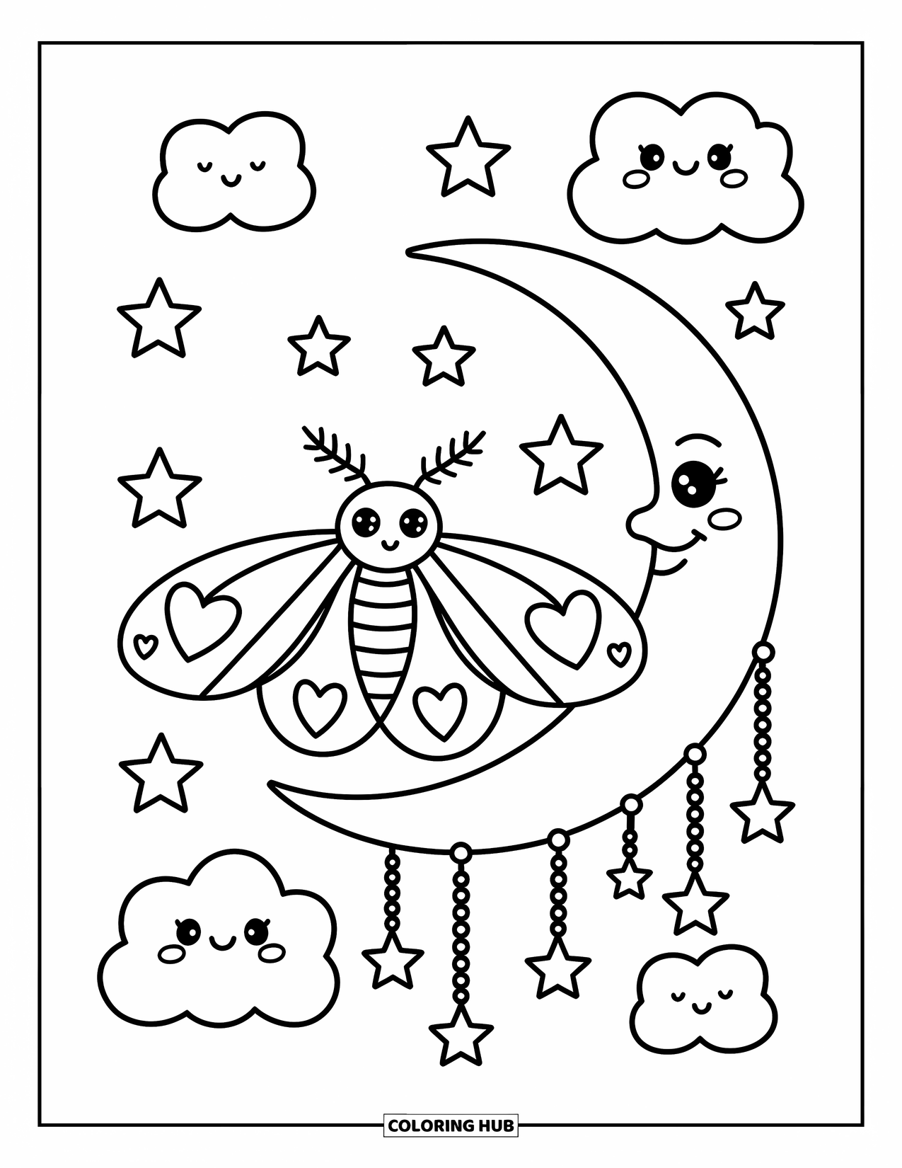 Moth Coloring Page for Adults: A heart-winged moth flutters near a crescent moon with smiling stars and clouds