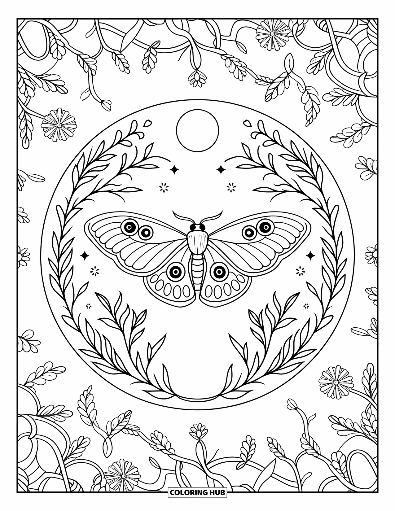 Moth Coloring Page for Adults: A Luna moth lies in a round mandala with flowers, moons, and delicate vines