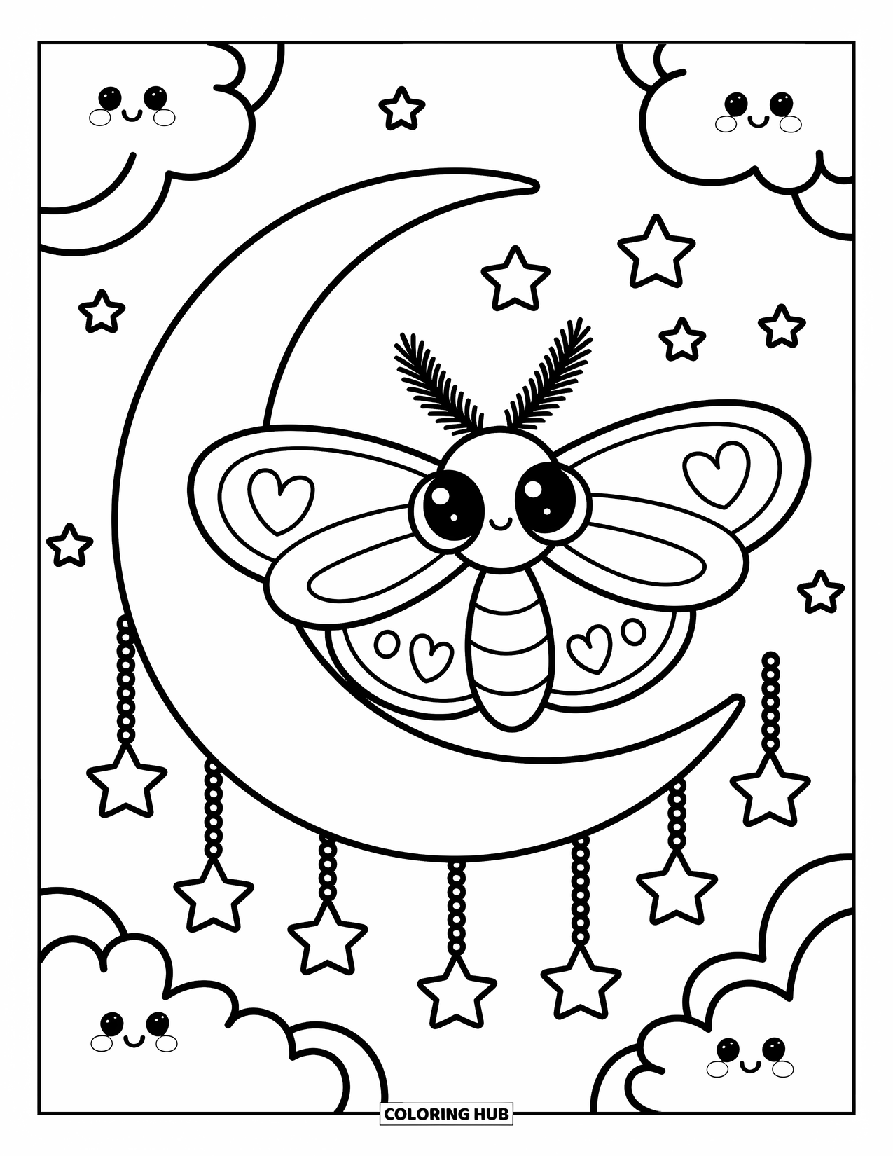 Moth Coloring Page for Adults: A moth with heart-shaped wings flutters around a moon with smiling clouds and stars