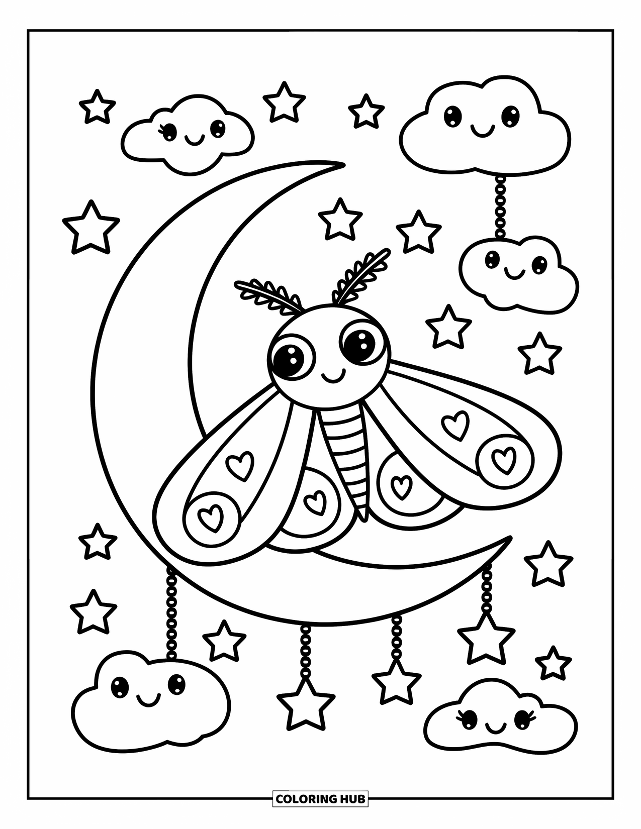 Moth Coloring Page for Adults: A sweet moth flies near a crescent moon with hearts, stars, and friendly clouds