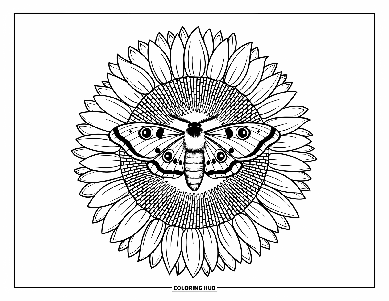 Moth Coloring Page for Adults: A wide-winged moth rests in the middle of a fading sunflower mandala