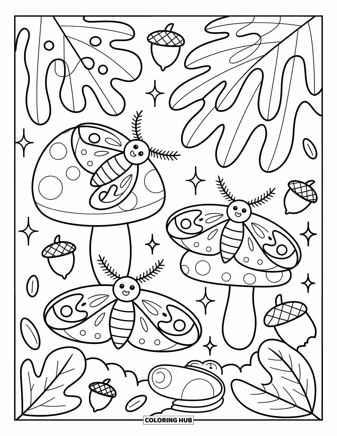 Moth Coloring Page for Adults: Three adorable moths rest among toadstools, ferns, and acorns in a whimsical forest