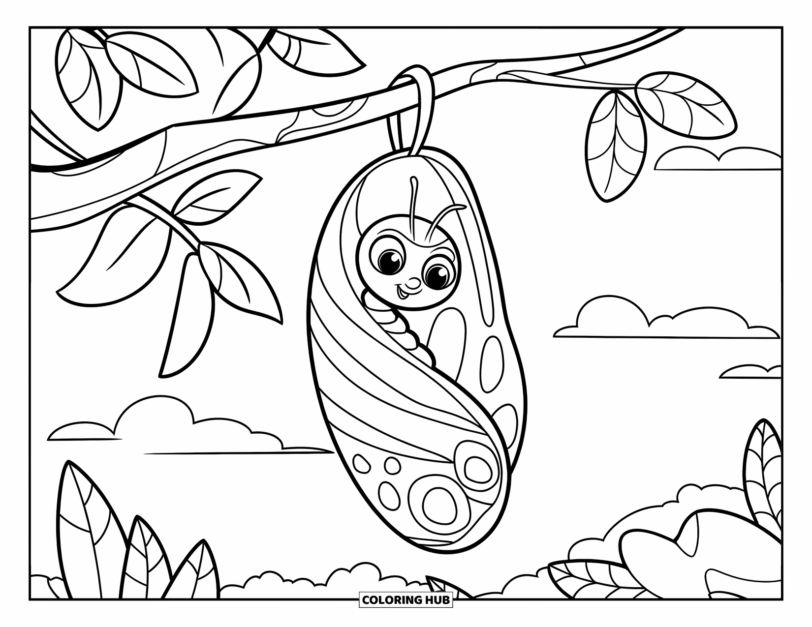 Moth Coloring Page for Kids: A big-eyed moth peeks from a cocoon hanging under leafy branches and clouds