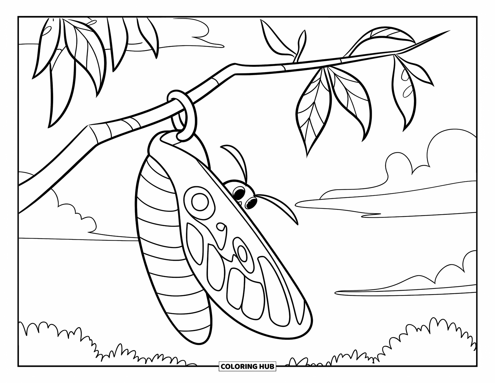 Moth Coloring Page for Kids: A curious moth peeks out from a cocoon hanging on a leafy branch
