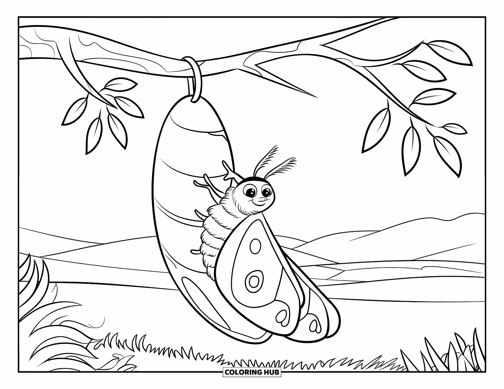 Moth Coloring Page for Kids: A furry moth peeks out from its cocoon above hills and a clear sky