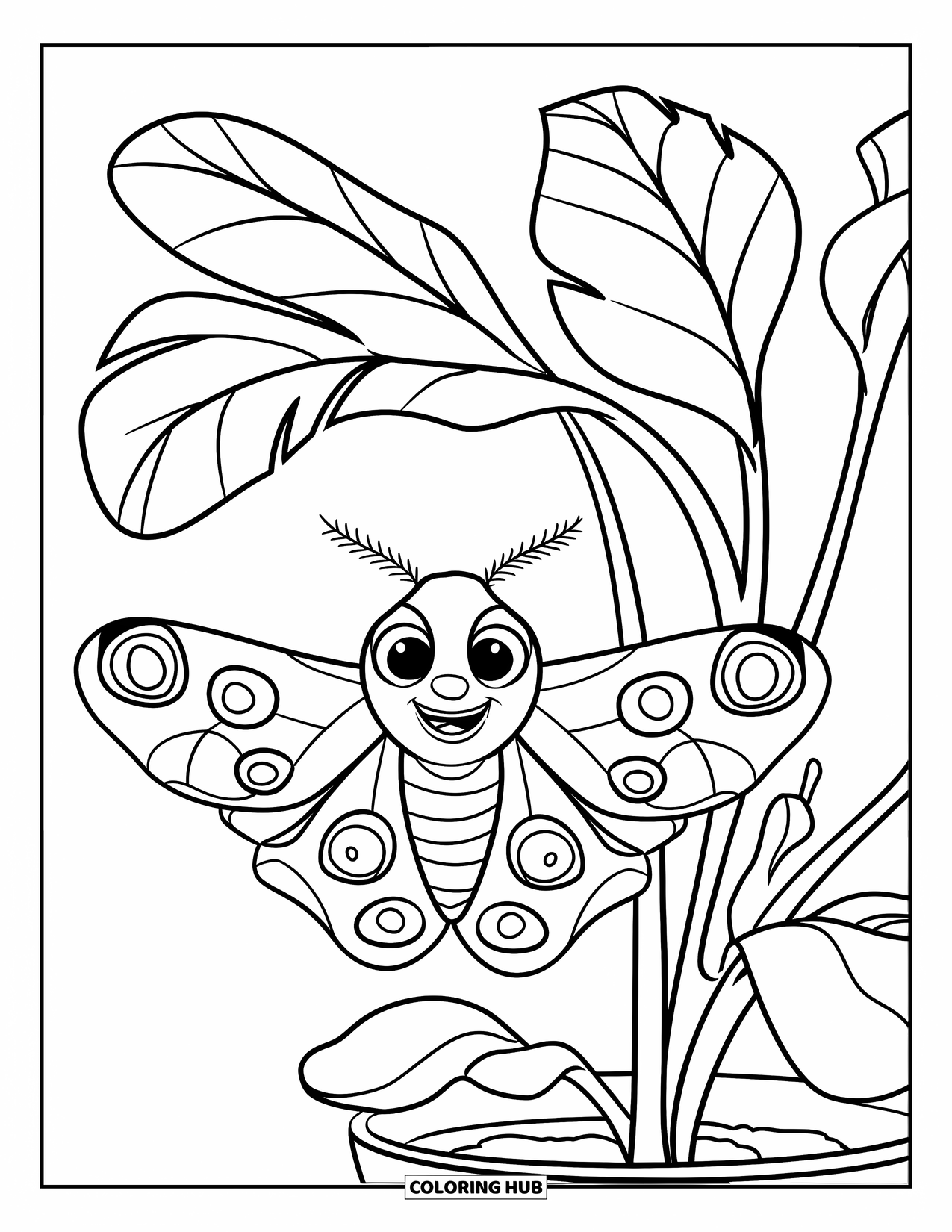 Moth Coloring Page for Kids: A happy moth flutters around a leafy potted plant