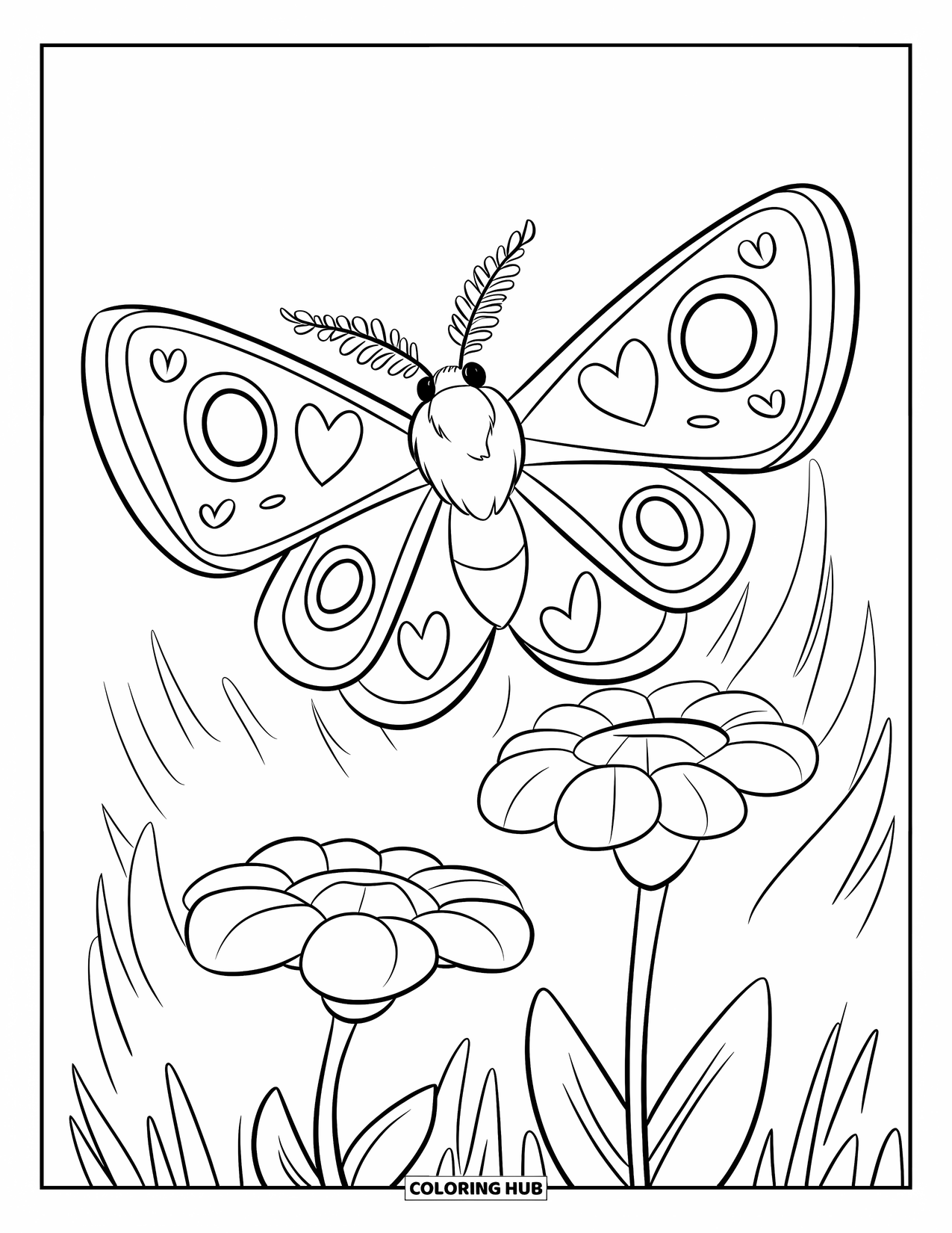 Moth Coloring Page for Kids: A heart-winged moth hovers above a flower in a peaceful green field