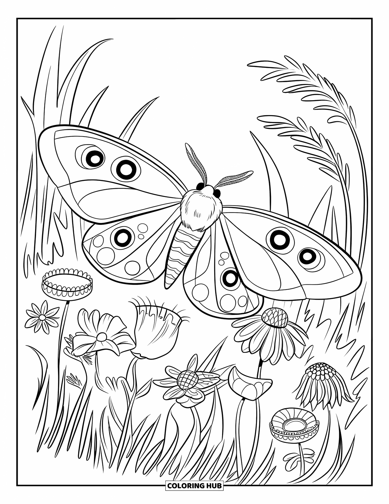 Moth Coloring Page for Kids: A Luna moth flies over flowers and grass in a peaceful field
