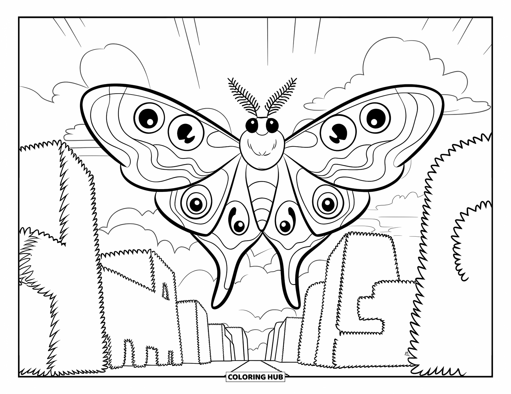 Moth Coloring Page for Kids: A moth glides above shaped hedges and a winding garden path