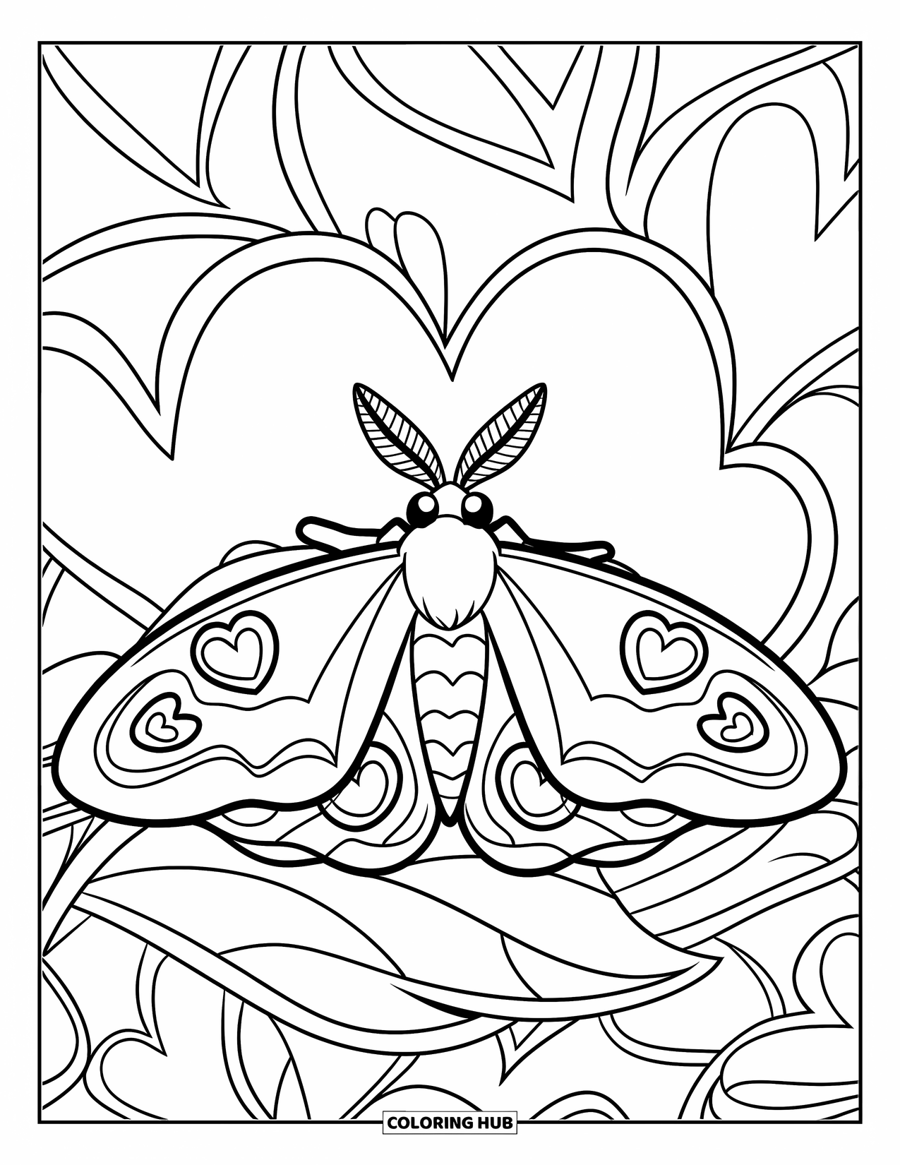 Moth Coloring Page for Kids: A moth with heart patterns rests on a leaf with hearts behind it