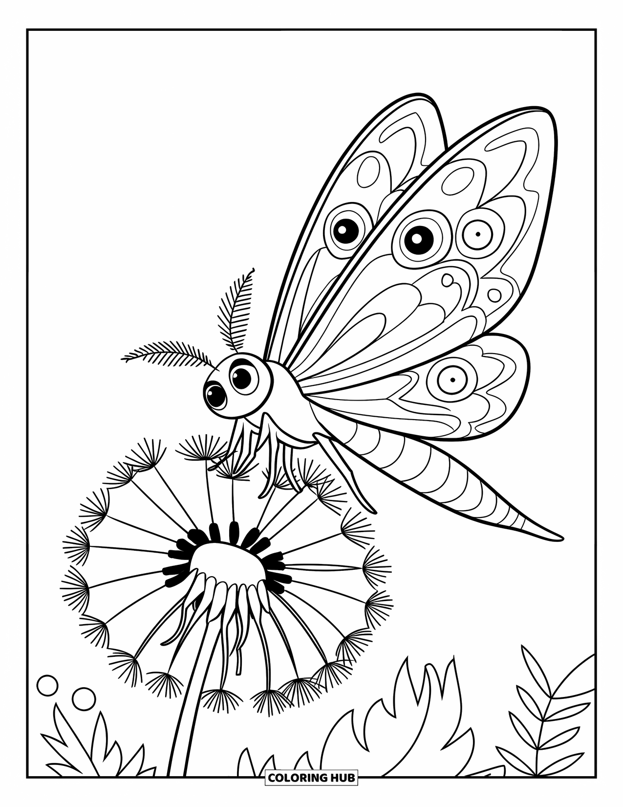 Moth Coloring Page for Kids: A moth with patterned wings lands softly on a fluffy dandelion puff