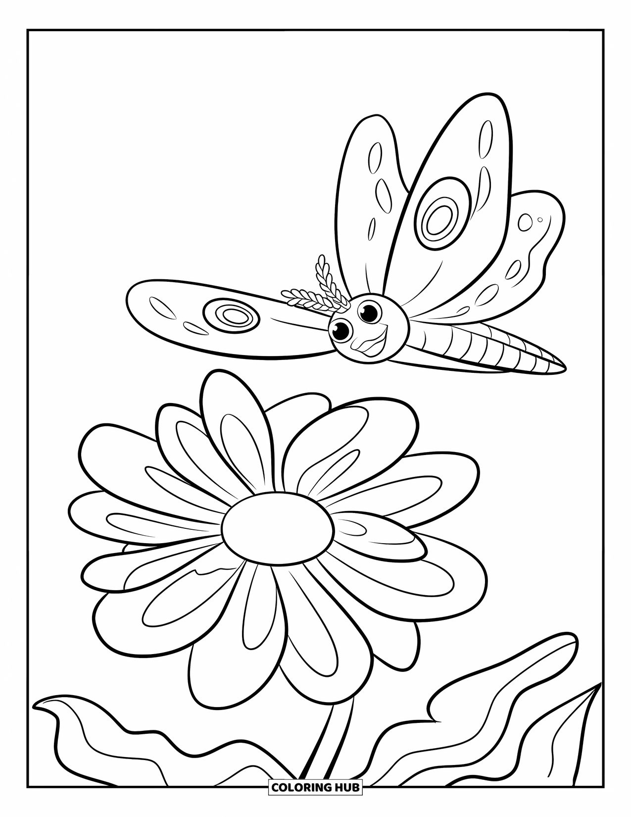 Moth Coloring Page for Kids: A round-eyed moth flies near a flower with star-shaped petals and wavy leaves