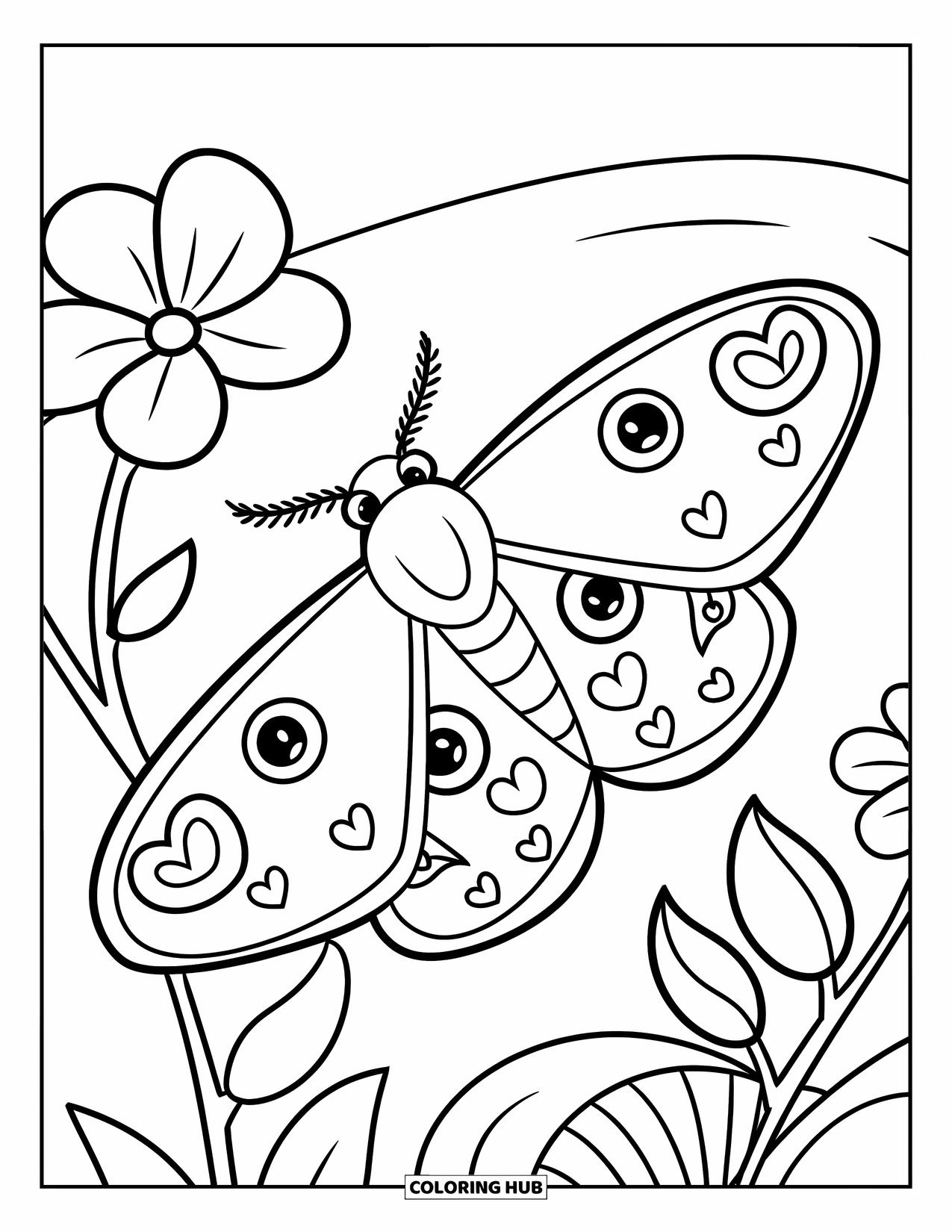 Moth Coloring Page for Kids: A sweet moth with heart-shaped wings flies near a single flower