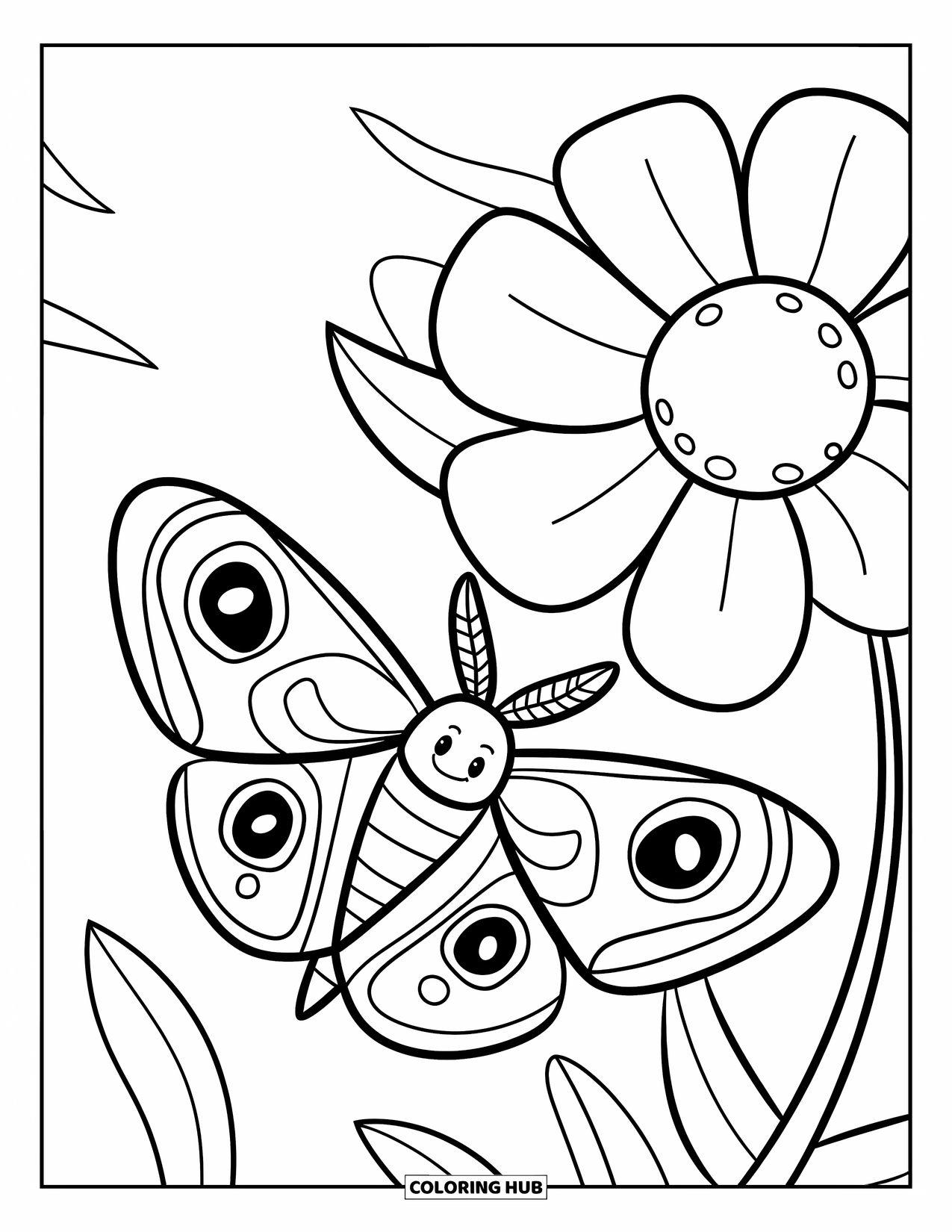 Moth Coloring Page for Kids: A wide-winged moth flutters near a flower with big petals and a happy vibe